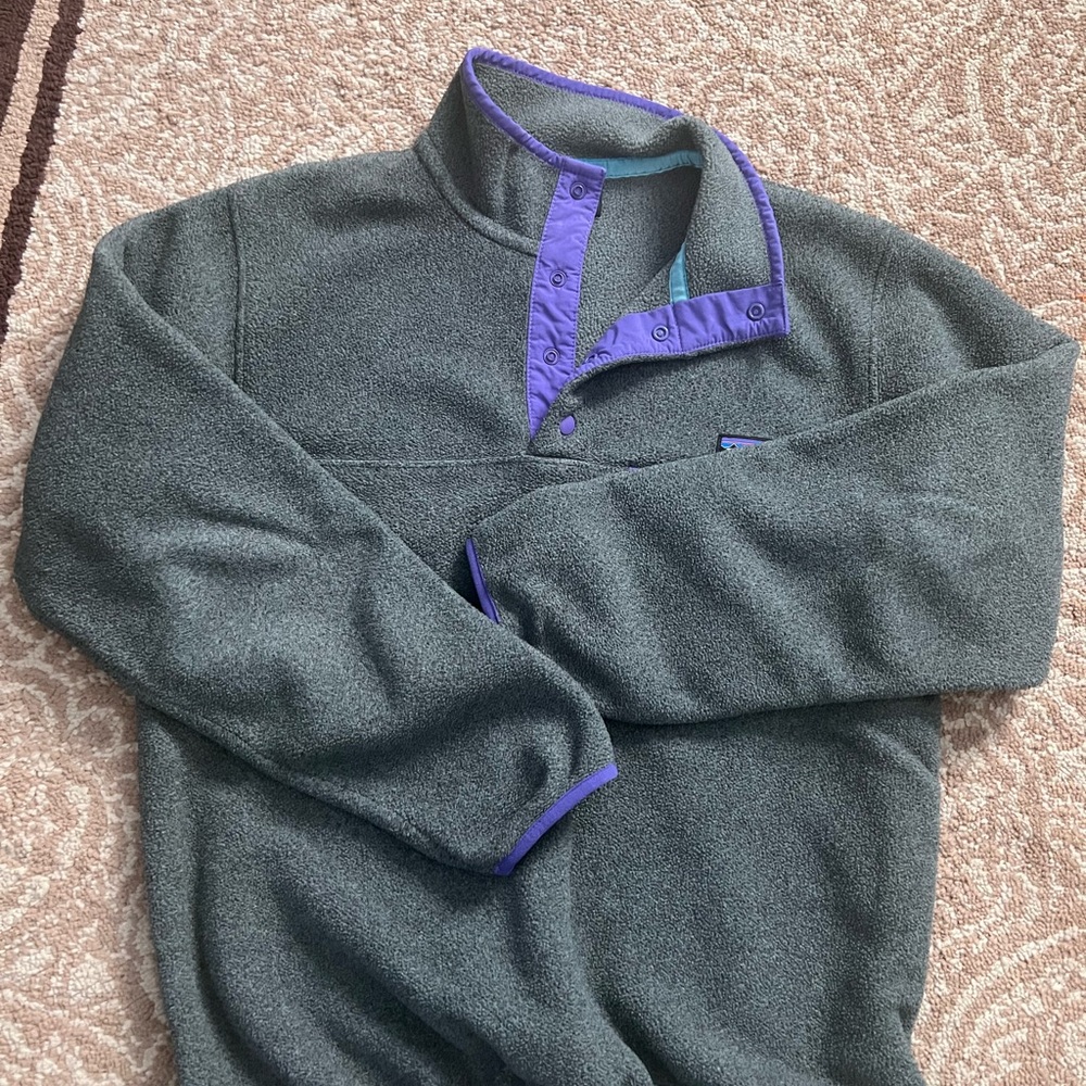Patagonia Men's Gray Zip-Up Sweater with Purple Accents